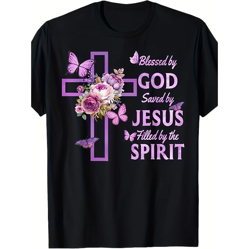 

European Size Men s Black Religious Graphic T-Shirt with Purple Floral Cross & Blessed by GOD Design Soft Breathable Casual Fit Short Sleeve Tee 4XL чорний
