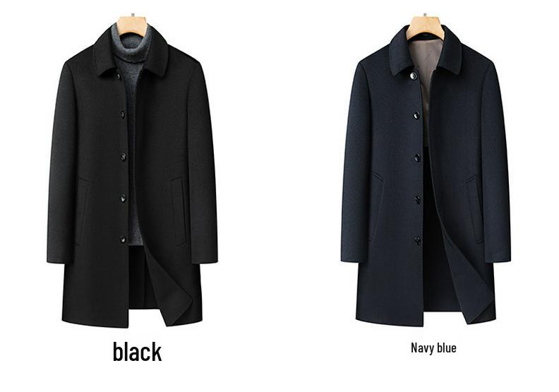 Men's Mid-Length Double-Sided Wool Coat - Business Casual, Solid Color, Versatile Lapel Design