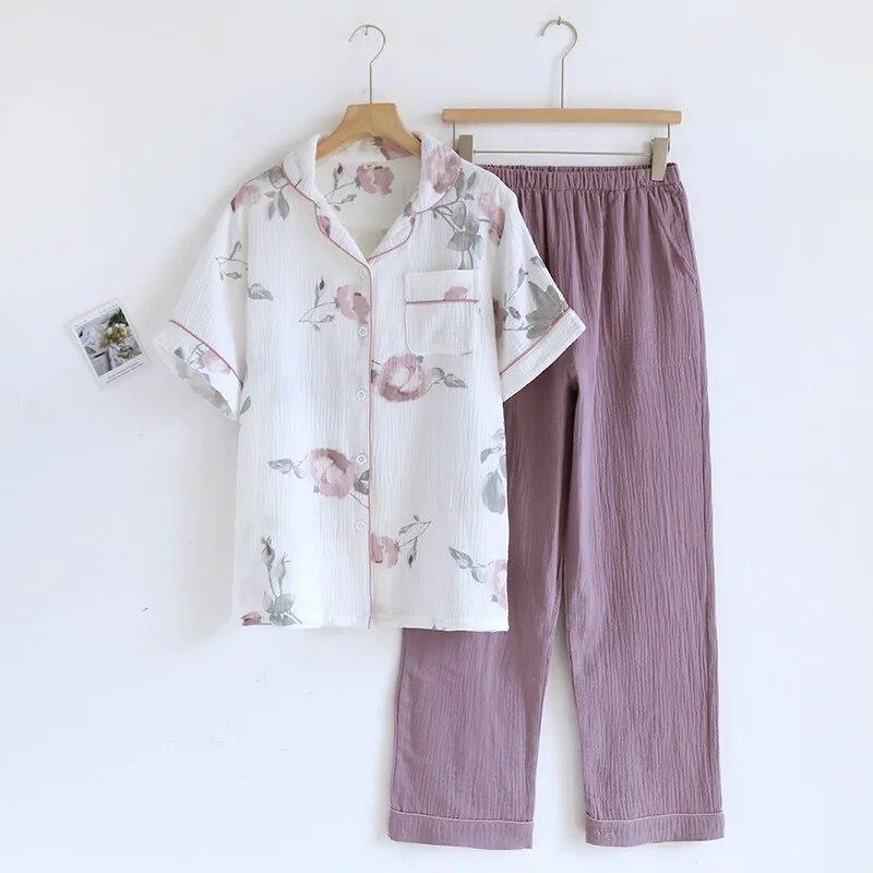 2025 Japanese Summer New Women's Pajama Set Short Sleeve+Long Pants Two Piece Set 100%Cotton Thin Cardigan Home Furnishing Fresh