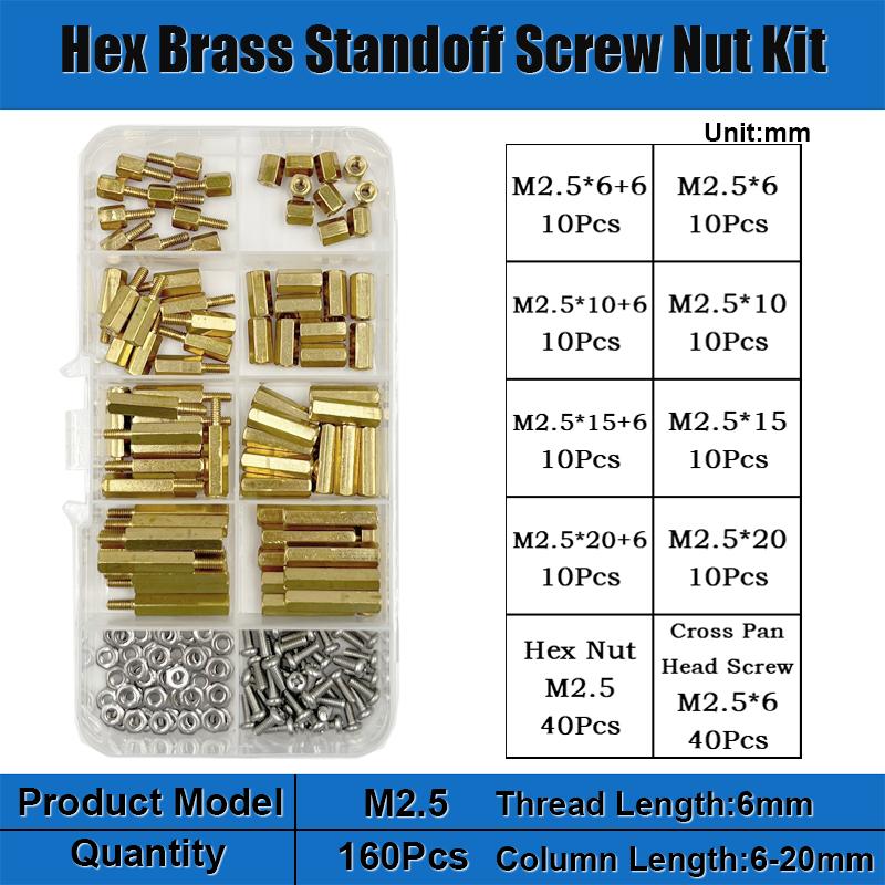 Male Female Hex Brass Standoff Spacer Kit M2M2.5 M3 M4 Brass Round Standoff with 304 Screw and Hex Nut pcb motherboard standoff
