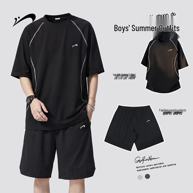 Guirenniao Men s Summer Ice Silk Quick-Dry Sports T-Shirt & Shorts Set M
