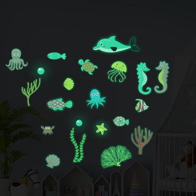 Glow In The Dark Wall Stickers, Self-Adhesive Undersea Animals Decals with Turtles Clown Fish Octopus, Luminous Wall Decals for Kids