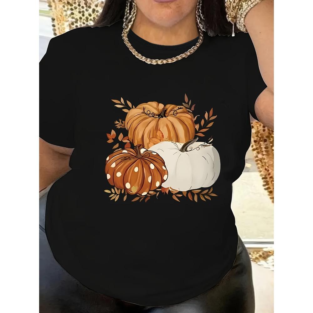 Women's casual round neck short sleeved pumpkin printed T-shirt for spring and summer Harajuku short sleeved casual aesthetic clothing