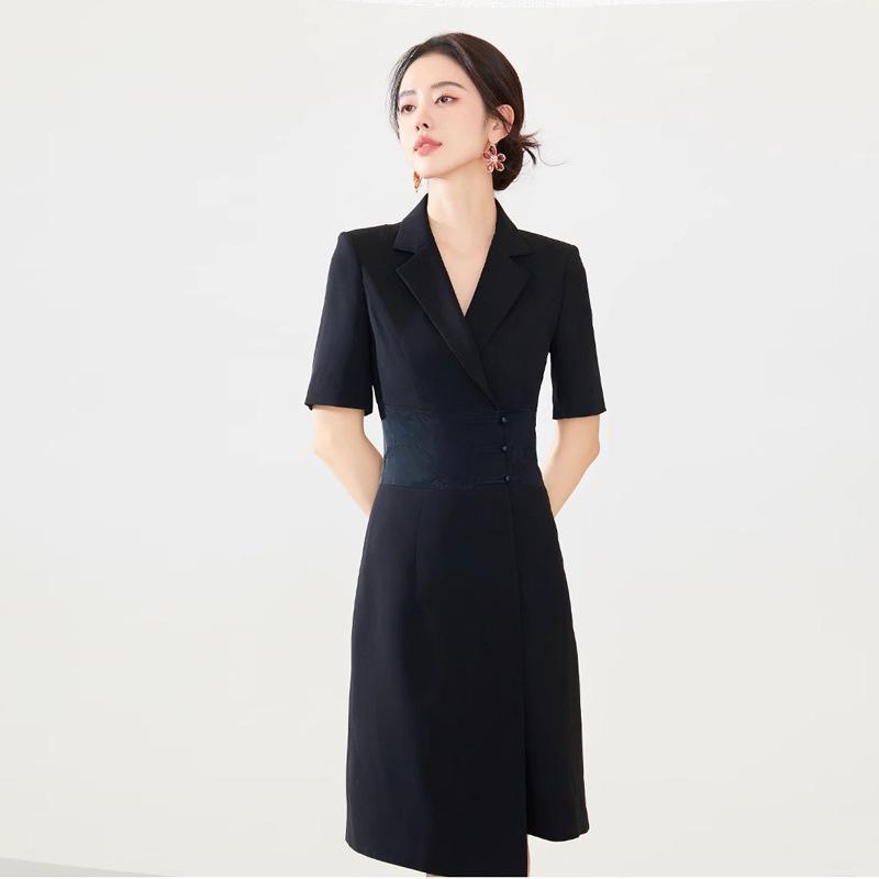 Summer Asymmetrical Color Block Chinese Style Dress - Women's Professional Short Sleeve Workwear