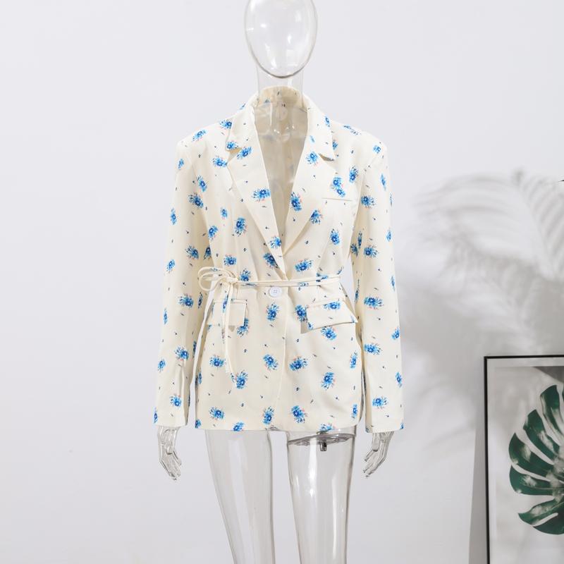 Dámské sako s potiskem, klopami a vázáním v pase, volný kabát s dlouhým rukávem, tenký, jaro a léto 2025