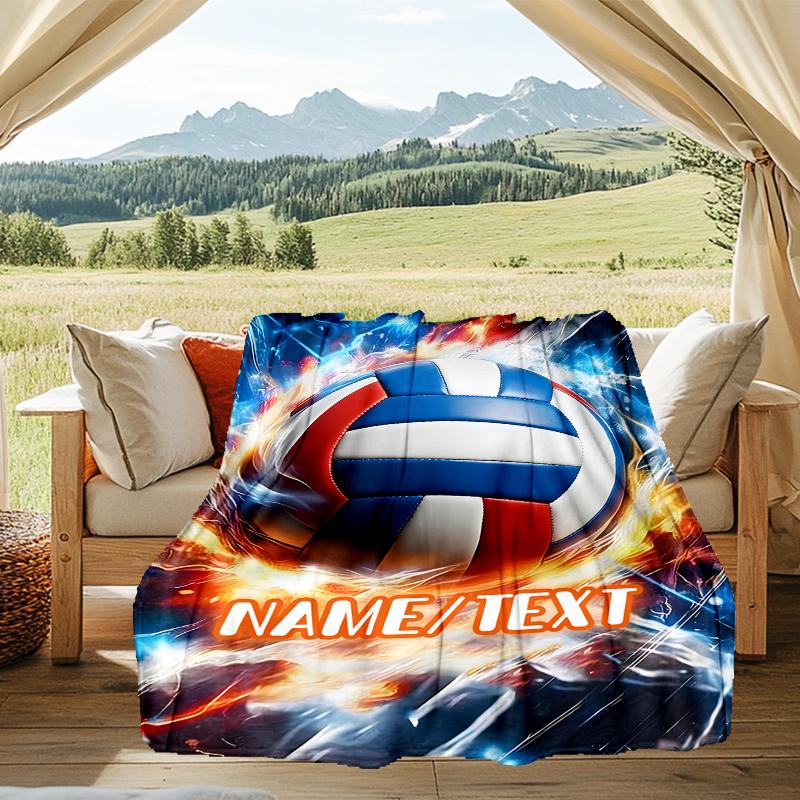 1PC Custom Name Volleyball Fire Outdooor Flannel Blankets Throw Blanket All-Season Throw Gift Bedspread for Couch, Bed, Camping Holiday Birthda
