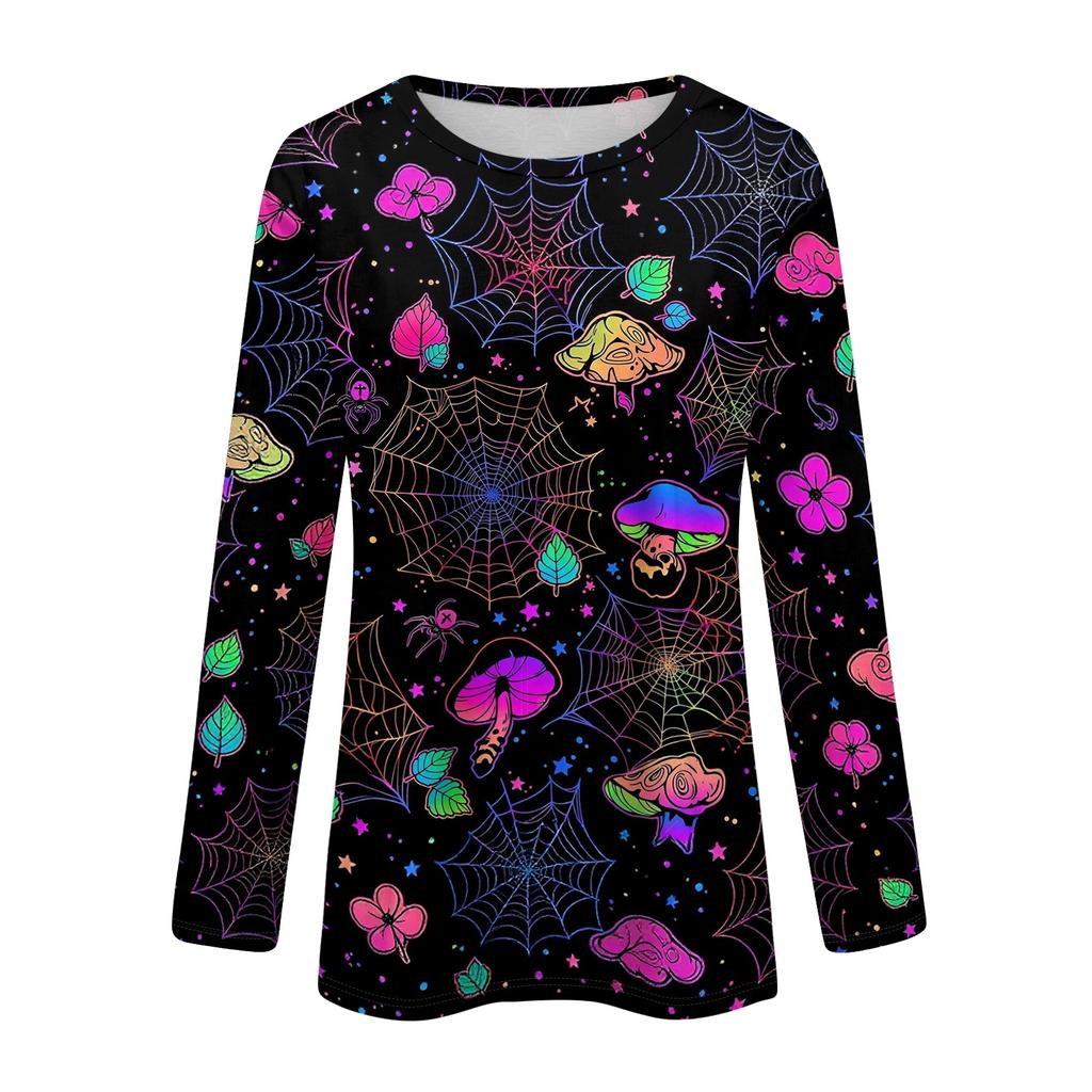 Women's Halloween Print Long Sleeve Neck Pullover T-Shirt for Fall