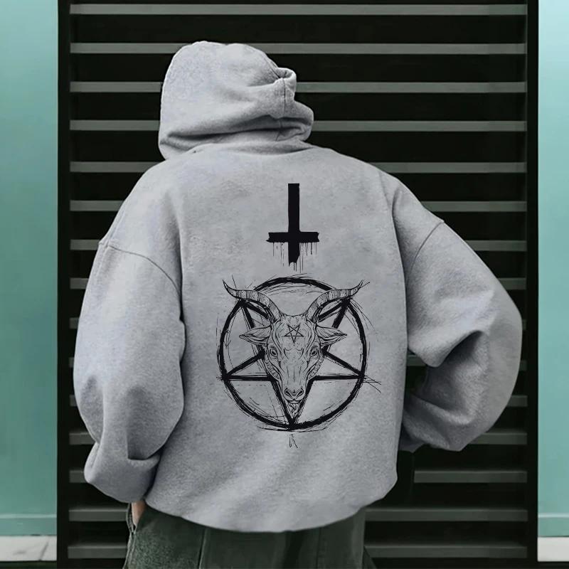 Demonic Print Men's Hoodies 2025 Streetwear Gothic Satan Sweatshirt 666 Symbol Male Autumn Winter Pullover Casual Top Tracksuit