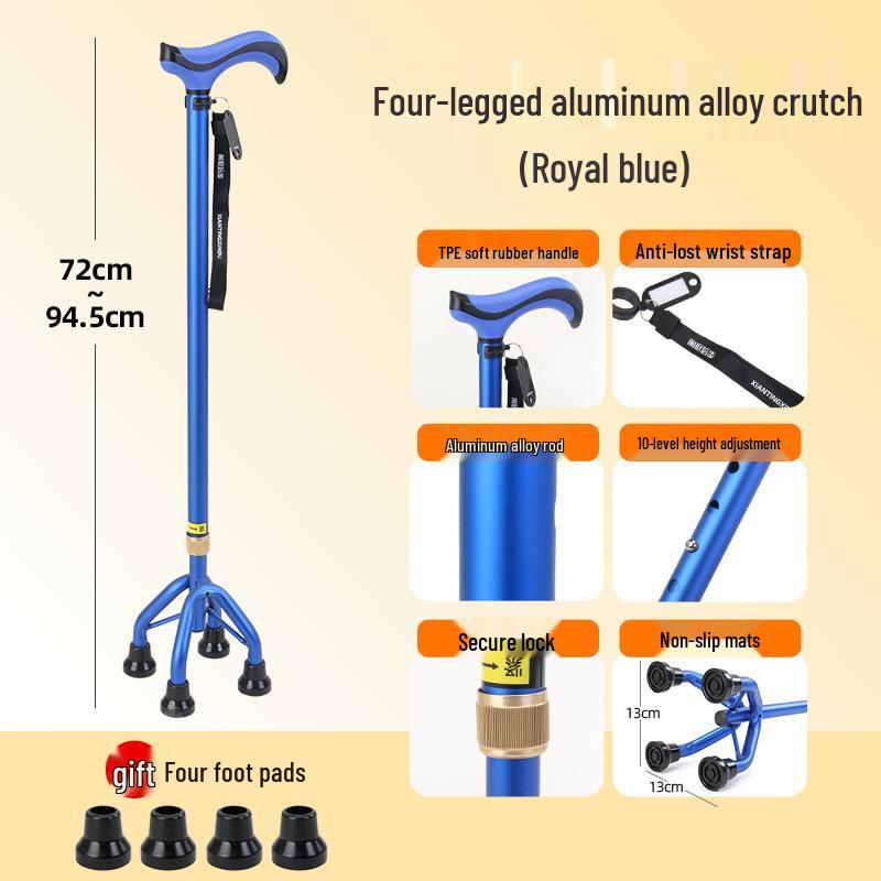 Lightweight Aluminum Alloy Four-Legged Cane with Soft Grip for Seniors - Anti-Slip, Adjustable Walking Stick.
