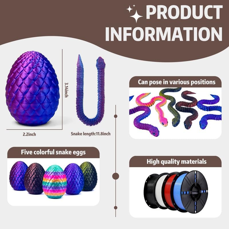 5PCS 3D Printed Snake Eggs with 11.8 Inch Snake Inside, Home Office Decor Executive Desk Toys for Autism/ADHD, Perfect for Easter Gifts, Collectibles