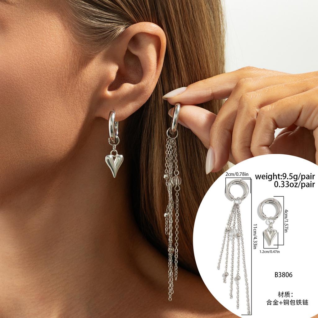 Sweet And Cool Ccb Beaded Love Pendant, Ear Buckle Earrings, Simple Metal Chain Fringed Earrings.