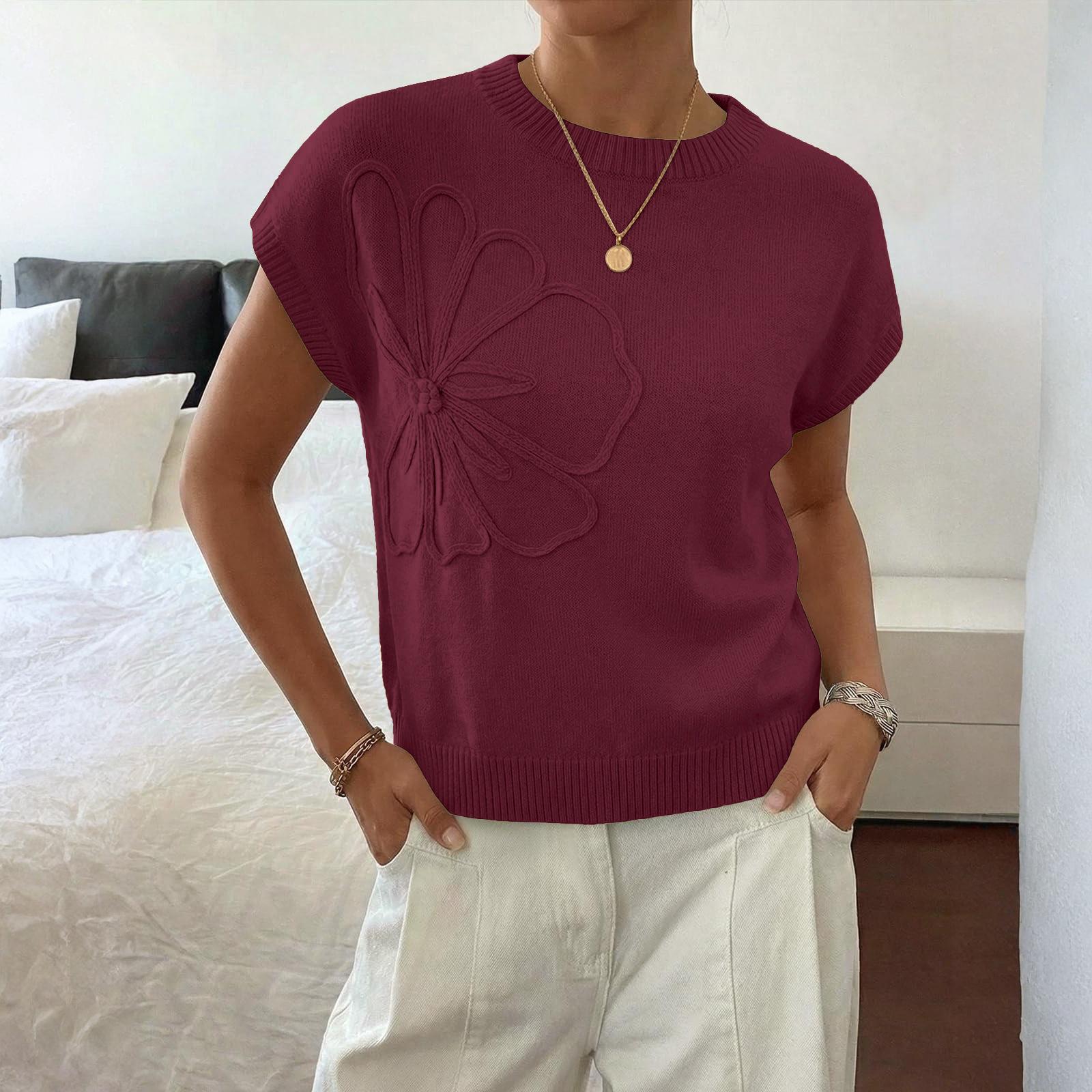 Женский летний модный цветной круглый вырез вязаный короткий рукав цветочный свитер худи топ M винный