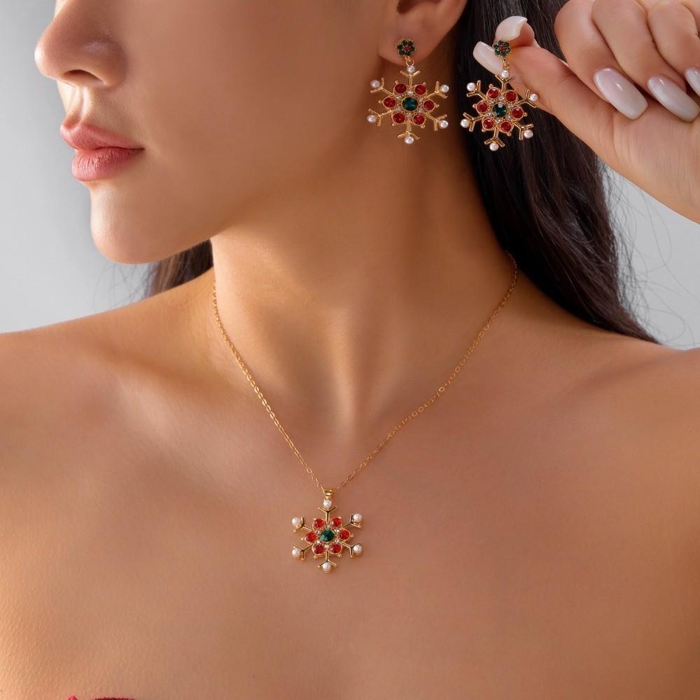 Zinc Zinc Zinc Alloy Xmas Dangle Earrings Rhinestone Snowflake Necklace Christmas Jewelry Set  Gift