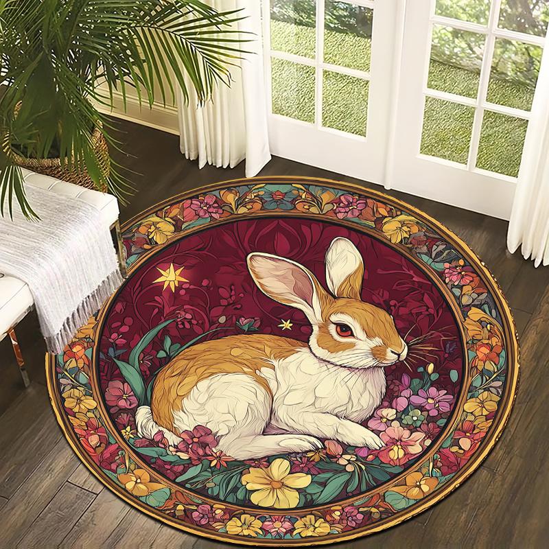 Vintage Rabbit Floral Round Rug Non-Slip Machine Washable Floor Mat 2D Flat Soft Area Rug for Living Room Hallway Easter Decor