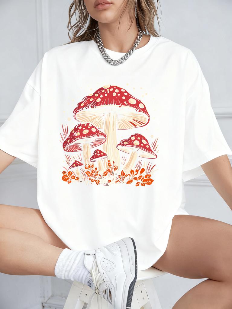 Red Mushroom Personality Prints TShirt Women Cotton Summer Short Sleeve T Shirt Soft Loose ONeck Tops Casual Woman Clothes