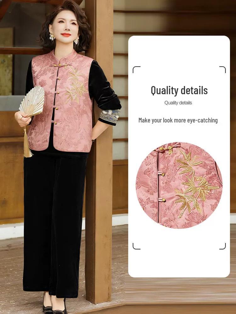 Spring/Autumn Gold Velvet Three-Piece Set: Chinese-Style Vest & Embroidered Top for Middle-Aged and Elderly Women.