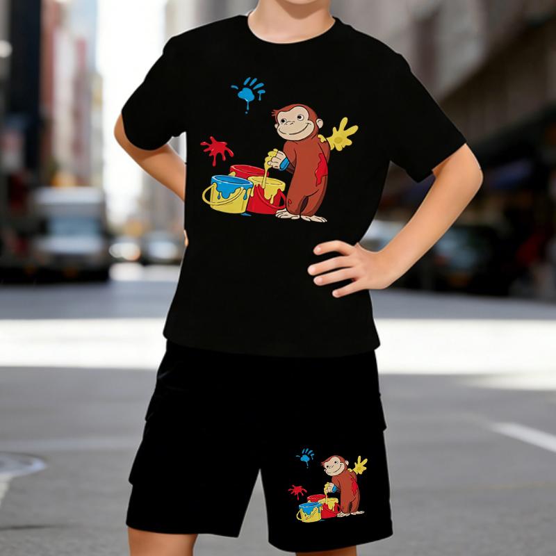 

Boys 2 Piece Cartoon Monkey Printed Outfit, Short Sleeve T-Shirt and Shorts Set for Kids Age 5-14, Black and White Sporty Casual Summer Clothes 5-6 Years чёрный
