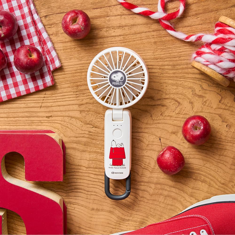 RHYTHM Snoopy Handy Fan 2026 High Airflow Quiet 5 Airflow Settings Compatible Carabiner Strap Included Small Portable Fan Silky Wind Mobile 4 White