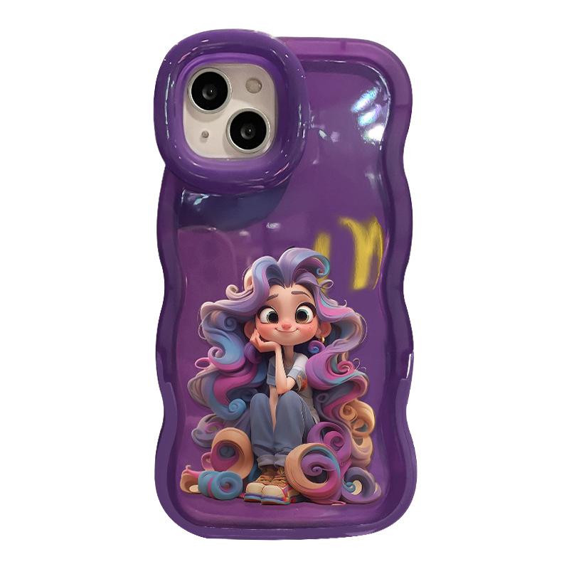 Mädchen mit lila Haaren Kette Geeignet für Apple 16promax Handyhülle 15 Niedlicher Cartoon 14 Doppelhalterung 13 Weiches Silikon