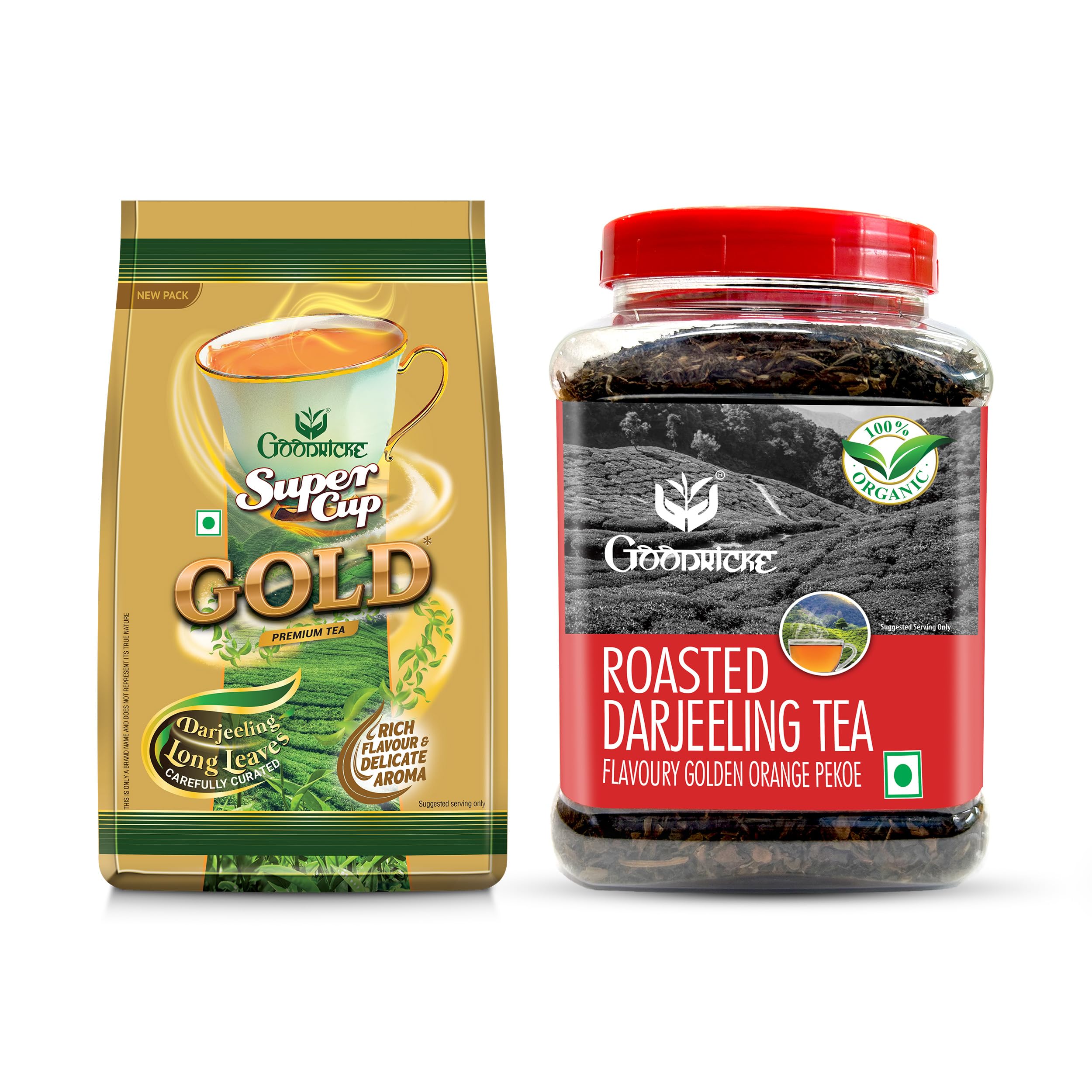 GOODRICKE Combo Pack - Roasted Darjeeling & Supercup Gold Tea - 250gm each (Pack Of 2) with Glass Bowl | 100% Pure & Original Single Estate