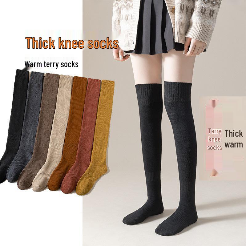 Women's Over-the-Knee Terry Socks - Thickened Warmth, Autumn/Winter, Japanese JK Style, Calf-Length.