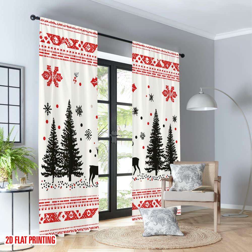 2pcs 2D flat printing Happy Christmas Scene Curtains Christmas Reindeer Snowflakes Trees_a Digital Printed Polyester Drapes