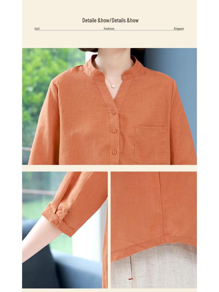 Trendy 2023 Cotton-Linen Two-Piece Set: Short-Sleeved Shirt & Summer Suit for Middle-Aged Moms