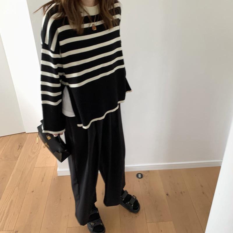 Korean Striped Knitwear for Women: 2026 Retro Lazy Style Soft Pullover Sweater for Autumn/Winter
