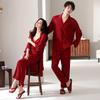 Couple pajamas spring and summer long-sleeved ice silk wedding nightgown red natal year morning gown with chest pad three-piece set