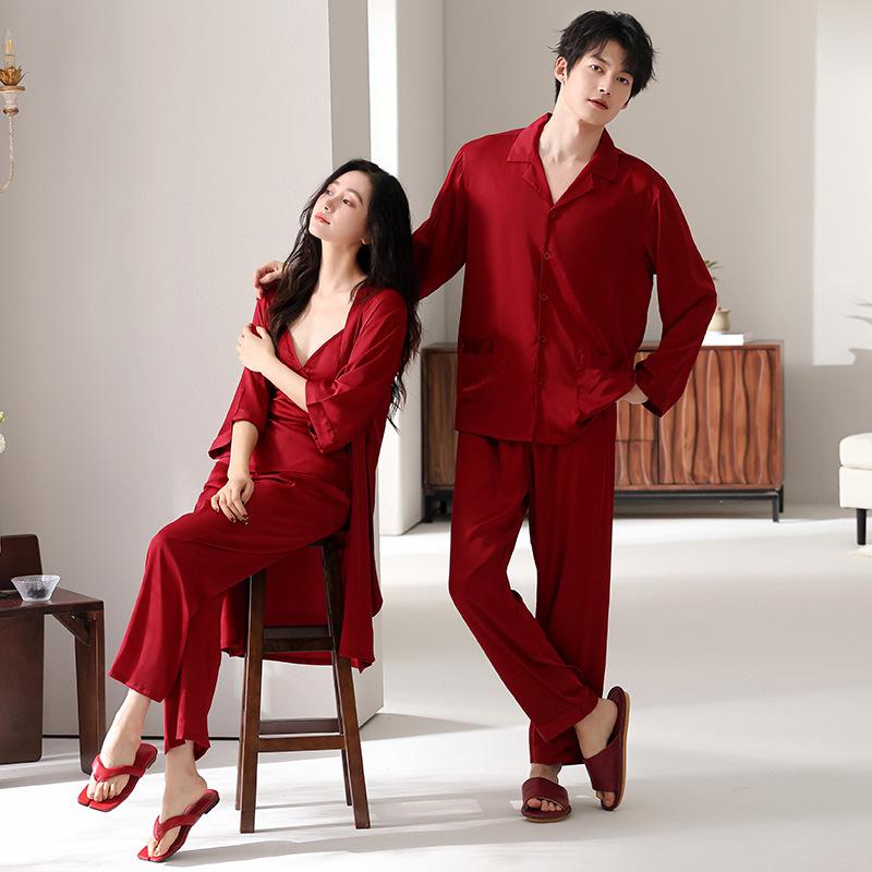 Couple pajamas spring and summer long-sleeved ice silk wedding nightgown red natal year morning gown with chest pad three-piece set