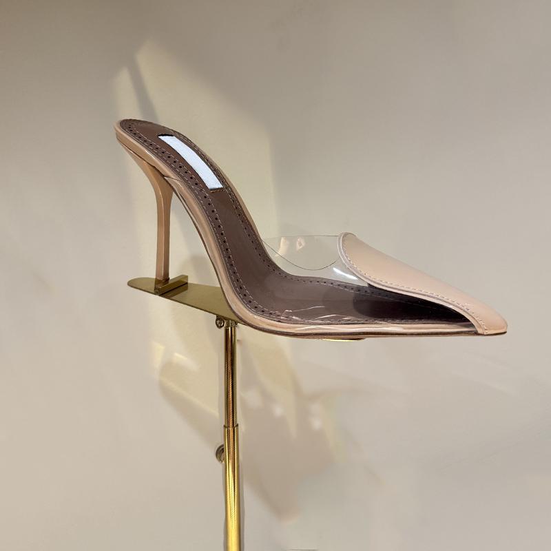 Fashion 2025 New Style Patent Leather Pvc Heart-Shaped Pointed-Toe Thin Heel Half-Slippers High Heel Sandals For Women'S Summer