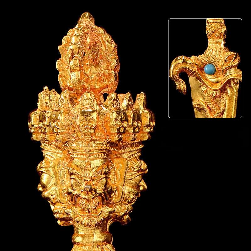 Golden Tantric Buddhist Steel Pestle Inlaid Gem Handicraft Auspicious Tibetan Demon Buddhism Desktop Home Gift Indoor Decorative