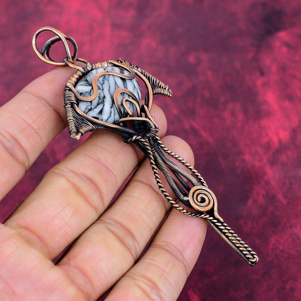 Pinolith Jasper Gemstone Pendant Copper Wire Wrapped Rainbow Moonstone Jewelry