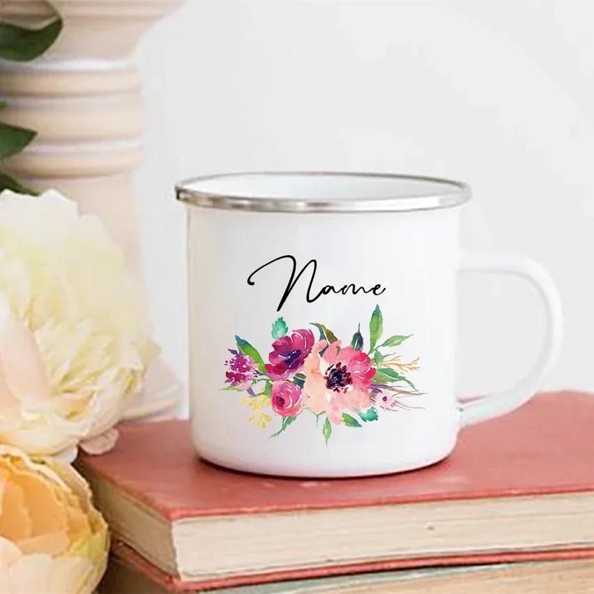 Personalized Flower Custom Name Enamel Mugs Summer Outdoor Coffee Juice Mug Picnic Camping Handle Cup Teacher Mother Friend Gift