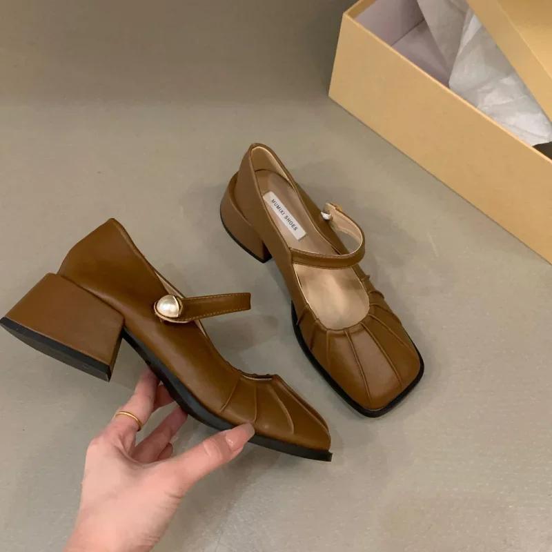 Women Casual Mary Jane Fashion Shallow Design Soft Leather Mary Janes Shoes Autumn Dress Square Head Women Lolita Platform Shoes
