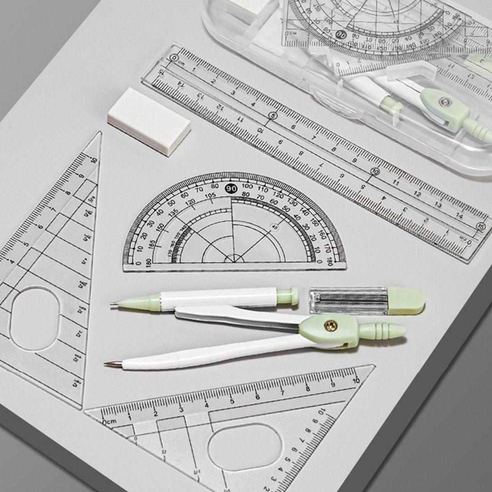 8PCS/Set Plastic Ruler Compasses Set Transparent Eraser Protractor Straight Ruler Set Square Drawing Tool School Office