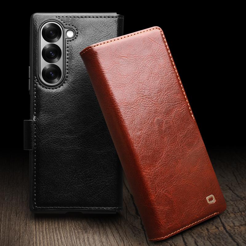 Qialino Genuine Leather Flip Phone Case For Samsung Galaxy Fold7 /6 /5 Fold 6 fold5 fold 6 Handmade Phone Cover With Card Slots Cover nero
