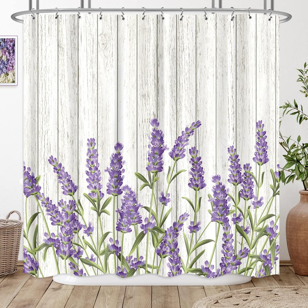 Lavender Shower Curtain with Hooks Waterproof Polyester Fabric Purple Floral Plant Bathroom Bathtub Curtains for Bath Room Tub