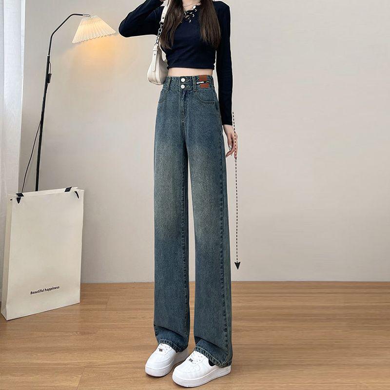 Women's Retro Double-Breasted High Waist Wide Leg Jeans - Spring/Autumn Straight, Loose, Slimming, Floor-Length