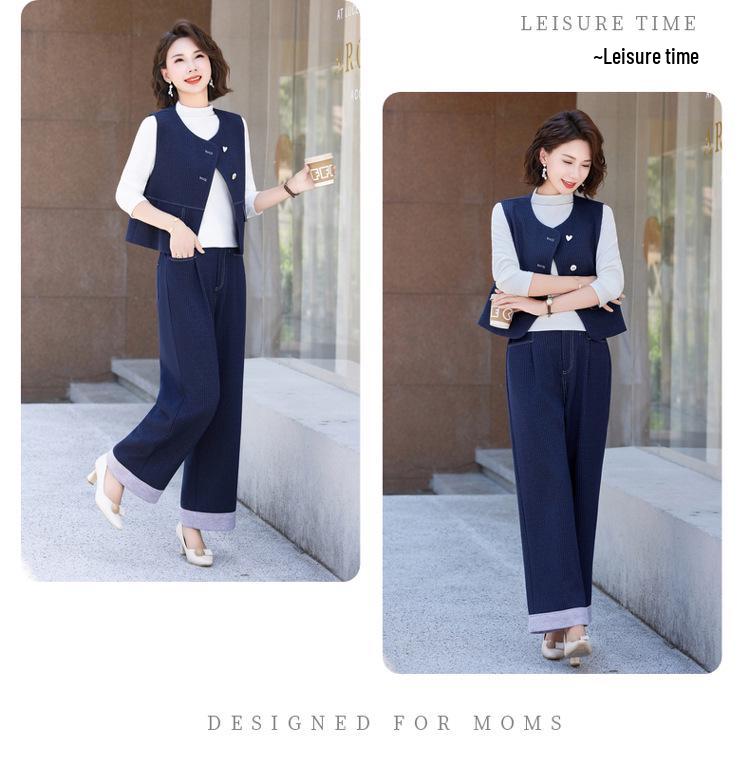 Hong Kong Retro Fashion Denim Blue Women's Set: 2025 Spring/Autumn Striped Patchwork Jacket & Wide-Leg Pants Two-Piece