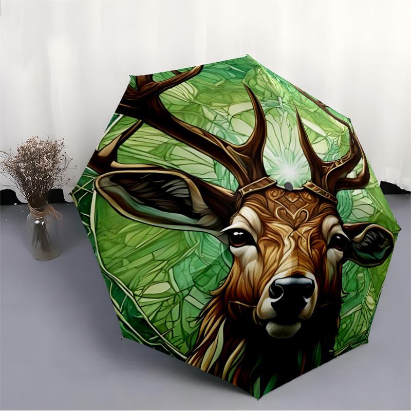 1pc Deer Forest Pattern Automatic Folding Umbrella - Compact 8-Rib Design, Durable Plastic & Iron, Lightweight for Outdoor Daily Use073
