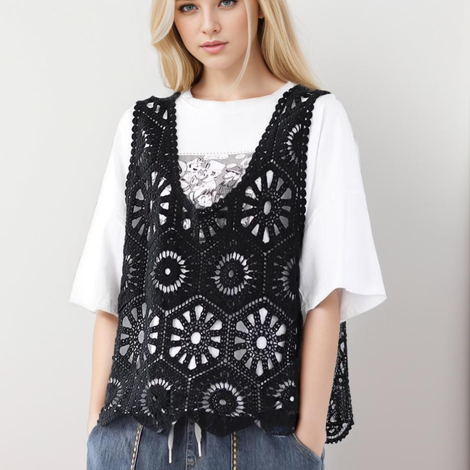 New T-Shirt Women Knitting Lace Vest O-Neck Hollow Summer Style Basic Tops Tees Loose Clothing