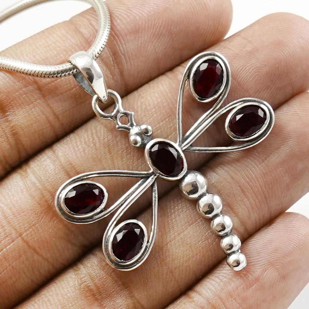 Dragonfly Pendant, Garnet Pendant, 925 Sterling Silver Pendant, Designer Pendant, Gift for Her, Handmade Pendant