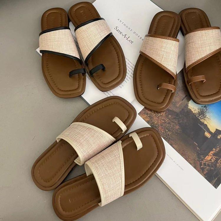 Grape Mother Same Casual Summer Square Head Toe Straw Braided Splicing Flat-bottomed Slippers Women's New Sandals