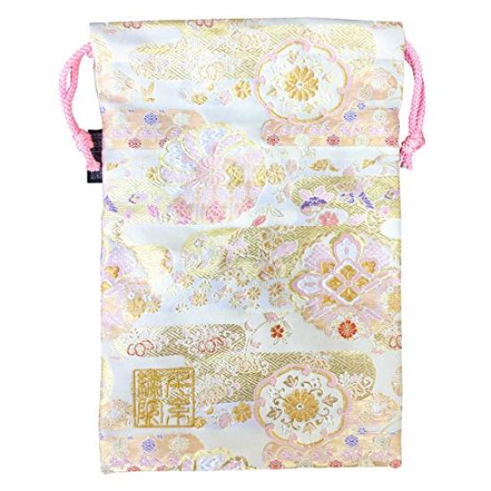 Senshishuin Nishijin Brocade Drawstring Bag Chrysanthemum Large (Lined) Wheel/White Peach,
