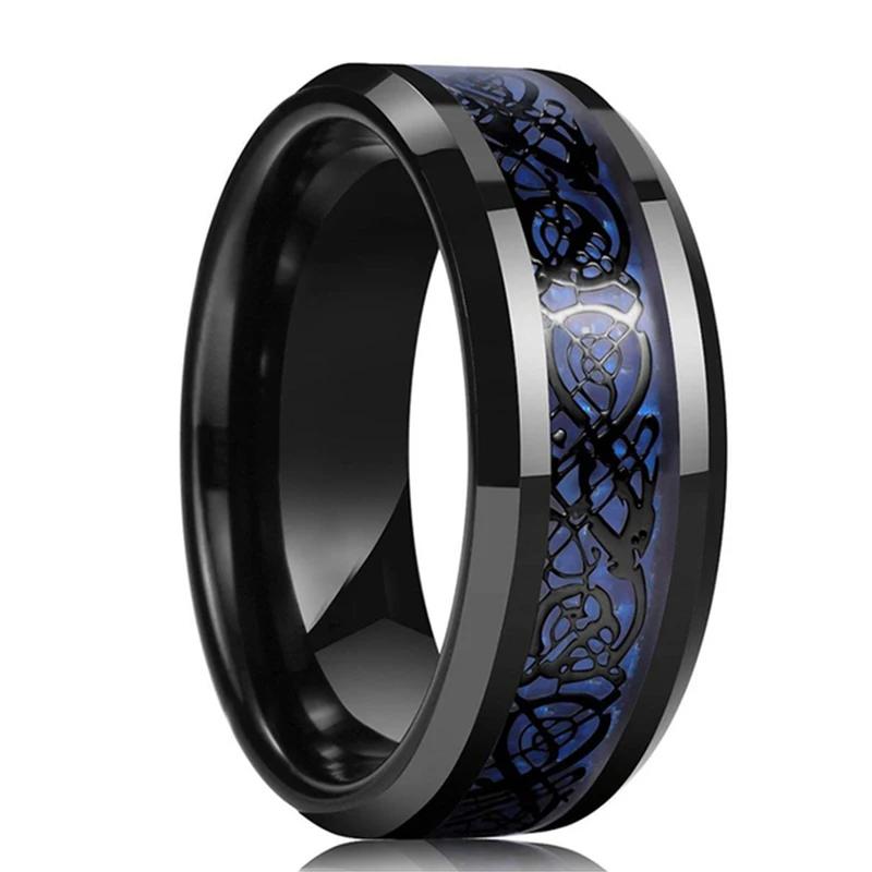 Fashion 8mm Men's Stainless Steel Celtic Dragon Ring Inlay Red Green Black Carbon Fiber Ring Wedding Band Charm Jewelry Gifts