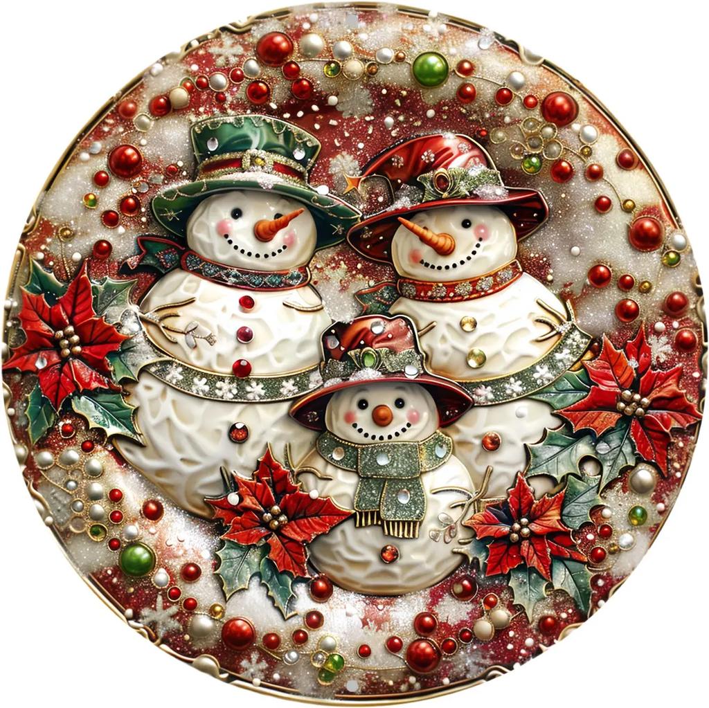Round Metal Tin Sign Art Painting Wreath Decorative Plates Cartoon Snowman Christmas Poster for Home Garden Garage Wall Decor