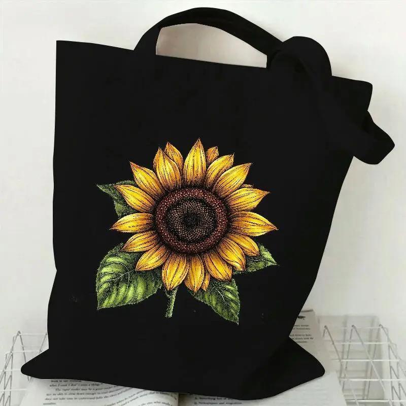 Black Canvas Tote Bag With Chamomile Flower Stylish Casual Shoulder Handbag For Shopping, Daily Use & Gifts, Shopping Handbag