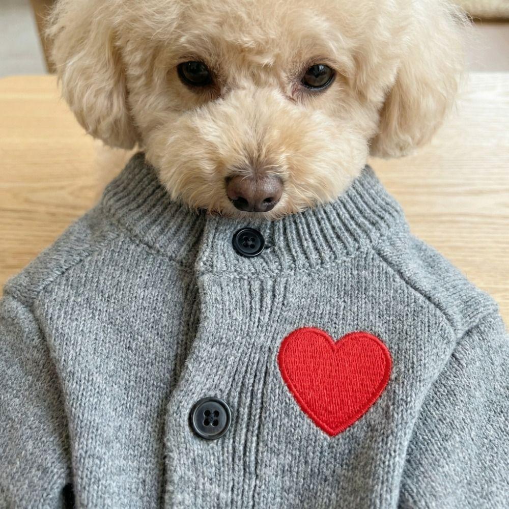 Heart Print Pet Cardigan Romantic Pet Knitted Coat Comfortable Spring Cat Clothes  Outdoor Walking
