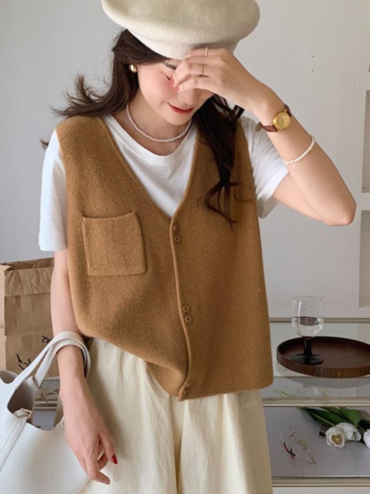 Korean Version Solid Pocket Knitted Vest Cardigan Women's Autumn Winter New Loose Fashion V-neck Sleeveless Sweater Vest